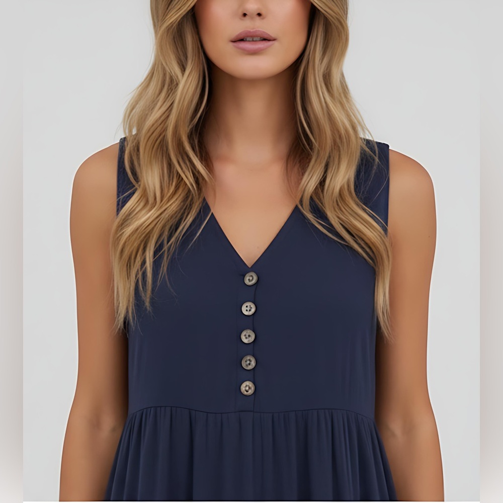 Boho Viscose Button Detail Layered Hem Smock Dress Maxi Blue - Picture 2 of 7